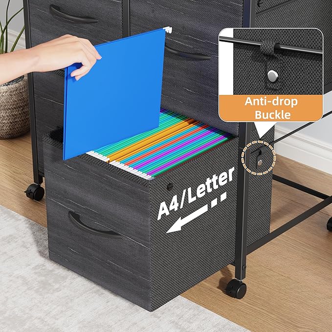 4 Drawer Lateral File Cabinet, Mobile Filing Cabinet for Large Printer, Home Office Functional Small Office Storage Cabinet & Printer Stand, Fits Letter/A4, Charcoal Black Grain Print