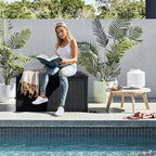 Flamaker Deck Box with Cushion 98 Gallon Waterproof Resin Storage Box with Air Rod Indoor Outdoor Lockable Storage Bench for Patio Furniture, Tools, Pool Accessories (Black)
