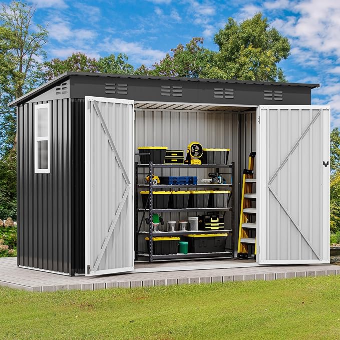 DWVO 9x4ft Metal Outdoor Storage Shed with Window, Lockable Tool Storage Sheds, Oversized Steel Garden Sheds with Sloped Roof for Backyard, Patio, Garage, Lawn, Dark Gray