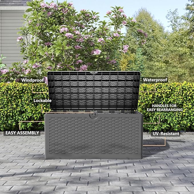 90 Gallon Resin Deck Box, Waterproof Outdoor Storage Bin for Patio, Poolside, and Garden, Lockable & UV-Resistant, Ideal for Small Spaces, Black