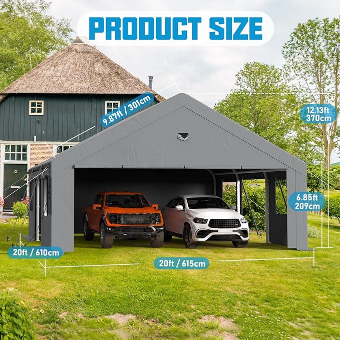 Carports Canopy Heavy Duty, Portable Garage with Sidewalls and Side Doors (20x20, Grey)
