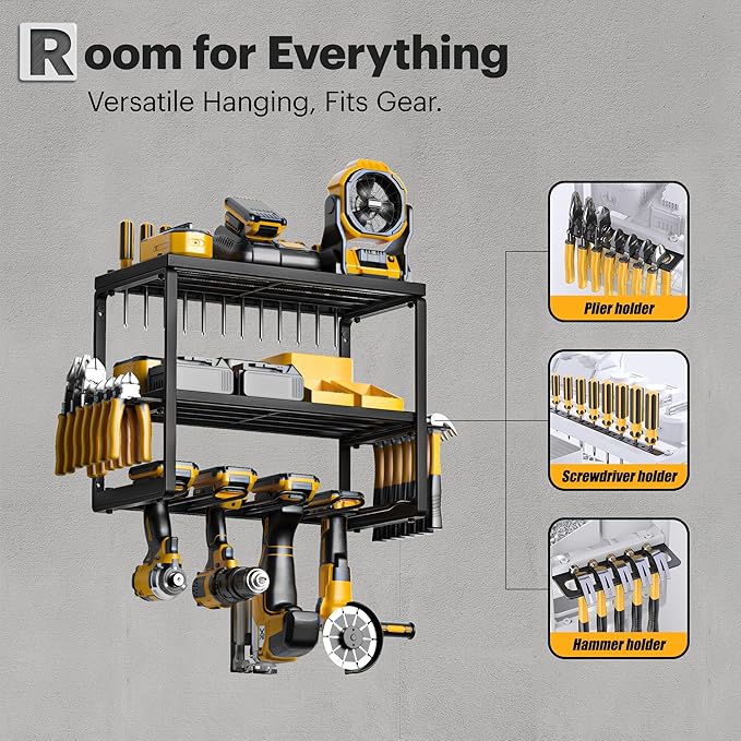 Power Tool Organizer Wall Mount, 3 Layers Storage Rack with 4 Drill Holders, Garage Storage Rack for Handheld, Metal Tool Shelf Utility Rack for Cordless Power Tools, Suitable for Giving men