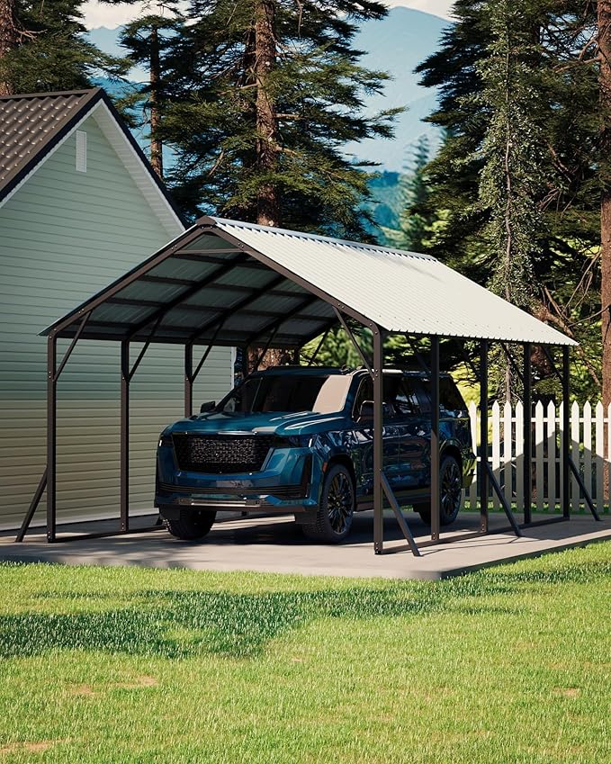 GarveeLife 13x21 ft Metal Carport with Vertical Roof, Heavy-Duty Metal Car Port with Reinforced Frame, Steep-Pitch Roof Design, High-Clearance for Full-Sized Pickup, White