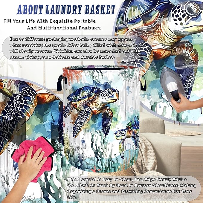Funny Ocean Sea Turtle Laundry Basket Oxford Cloth Cute Turtles Laundry Hamper With Handle Foldable Portable Clothes Storage Basket Ocean Laundry Bag 18.9"x16.5" For Laundry Room/Bedroom/Bathrooms