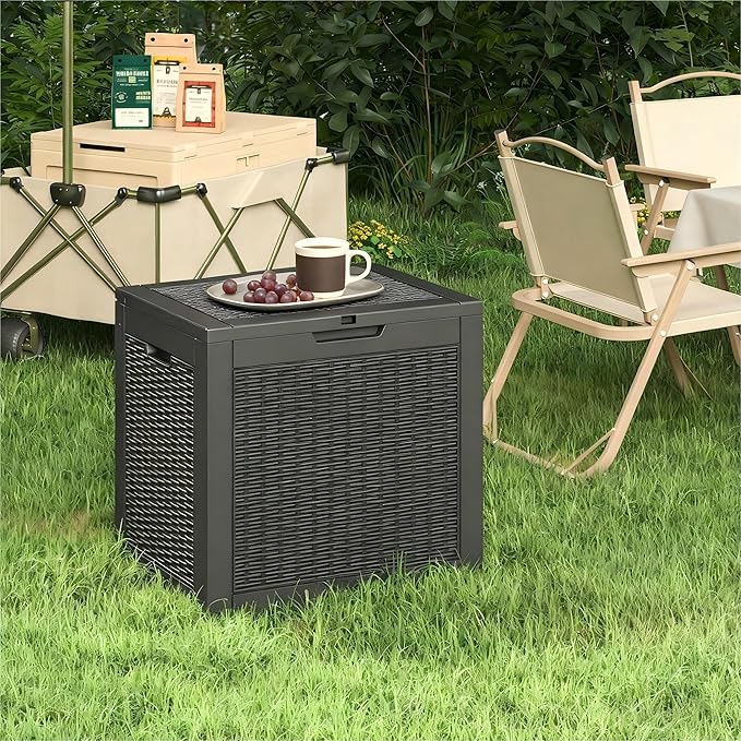 35 Gallon Outdoor Storage Box, Resin Deck Boxes Outdoor Waterproof For Patio Furniture, Garden Tools, Pool Supplies, Lockable And UV Resistant (Rattan Black)
