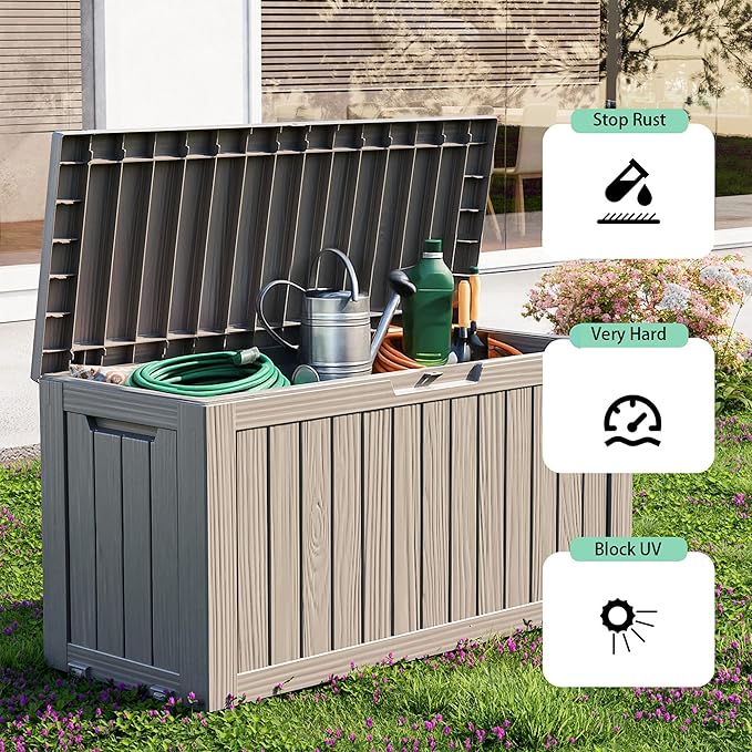 75 Gallon Outdoor Deck Box,Waterproof Resin Outdoor Storage Boxes, Outside Storage Lockable Container for Garden Tools,Indooor Cushions,Accessories (Grey)