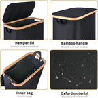 60L Slim Laundry Hamper, Narrow Laundry Basket with Lid,Foldable Clothes Hamper with Bamboo Handles,Hamper Basket with Removable Inner Bag for Laundry Room Bedroom College Dorm,Black