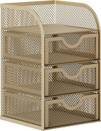 EasyPAG Mesh Desk Organizer with 3 Drawer Office Desktop Organizers and Accessories Stationery Caddy for Office, Home, Students, Gold