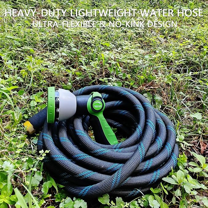 Garden Hose 75 FT, NON-EXPANDABLE Heavy-Duty Flexible & Lightweight Water Hose with 10-Function Nozzle, No-Kink, Leak-Proof Super Fabric, Solid Fittings for Lawn, Car, Outdoor (Black Blue)