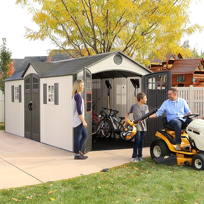 Lifetime 20 x 8 Ft. Outdoor Storage Shed with Steel Reinforced HDPE Walls, Lockable Doors, Windows, Skylights, Adjustable Shelving, Slip‑Resistant Floor, UV‑Protected Backyard Shed