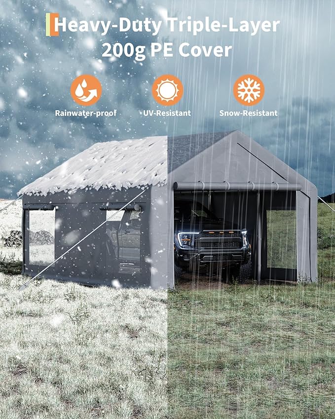 10 x 20ft Carport, Portable Carport with Roll-Up Windows & Removable Sidewalls & Doors Thickened Wind Ropes, Ground Nails, Portable Garage for Cars, Trucks, Boats, 200G Durable Tarp Cover,Grey