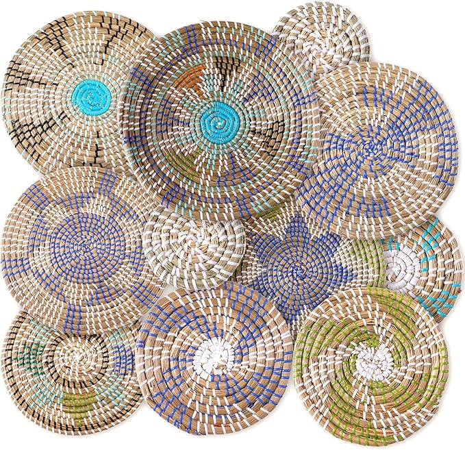 Tatuo 11 Pcs Boho Wall Basket Decor Decorative Bulrush Woven Basket Wall Decor Art Round Farmhouse Hanging Baskets for Kitchen Rustic Home Summer Decorations, Multi Sizes(Multicolour)