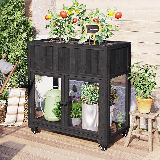 Patio 35.4"x17.7"x37.4" Mini Wood Cold Frame, Compact 2 Doors Garden Greenhouse with Wheels, Raised Bed with Liner for Indoor Outdoor Use, Black
