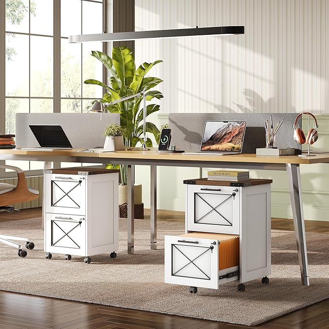 DEVAISE 2 Drawer File Cabinet with Hanging Files, Mobile Rolling Storage Cabinet for Home Office, Under Desk Filing Cabinet with Lock, Printer Stand, White