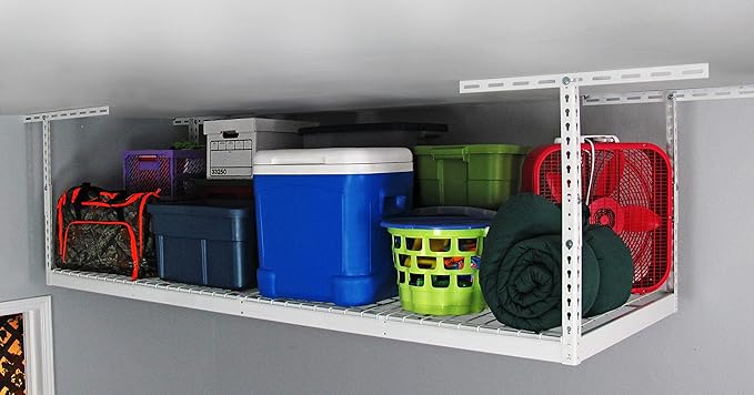SafeRacks – 3x8 Overhead Garage Storage Rack - Height Adjustable Steel Overhead Storage Rack - 500 Pound Weight Capacity (White, 12"-21")