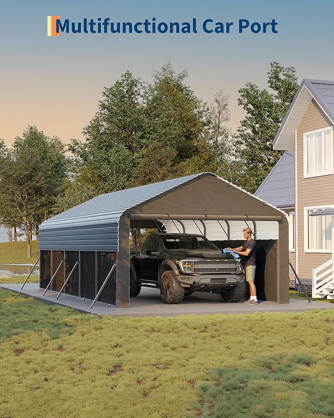Garvee 12'X24'X9' Metal Carport, Enclosed Car Ports with Heavy Duty Steel Frame and 220 g Tarp, All-Weather Carport for Full-Size Pickup Trucks, Bass Boats, and Tractors