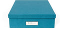Bigso Oskar Fiberboard Label Frame Document Letter Box - File Organizer Box for Important Paperwork - Document Storage with a Lid & Metal Label Window - 3.3 in x 10.2 in x 13.8 in - Turquoise