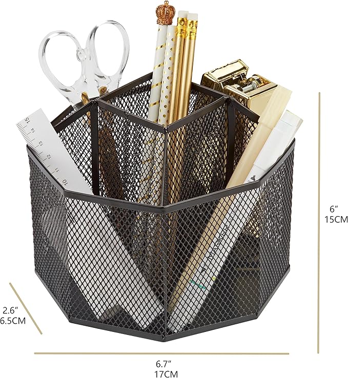 Annova Mesh Desk Organizer Rotate with 5 Compartments Spinning Tidy Candy/Pen Holder Office, Art Supply, Storage, Classroom, Home (Black)