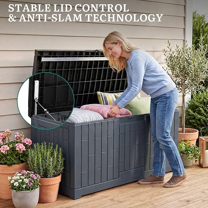 YITAHOME Outdoor Storage Box, 120 Gallon Waterproof Deck Box for Garden Tools, Patio Cushions, and Pool Accessories, Lockable, Easy Assembly, Versatile Bench or Table (Dark Gray)