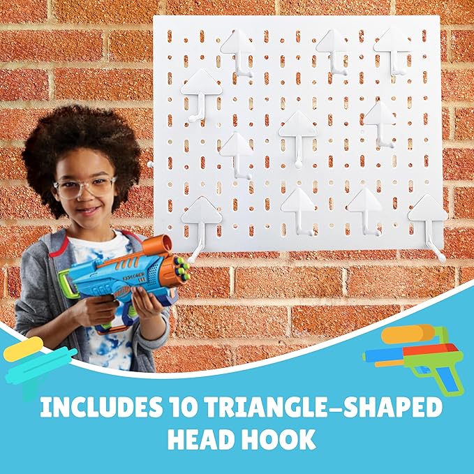 Skywin Peg Board for Nerf Gun Storage Organizer 14.2 x 8.5 x 11 inches - Hanging Holder Compatible with All Blasters Nerf Gun Rack Organizer for Wall Organization with 10 Triangle Hooks (White)