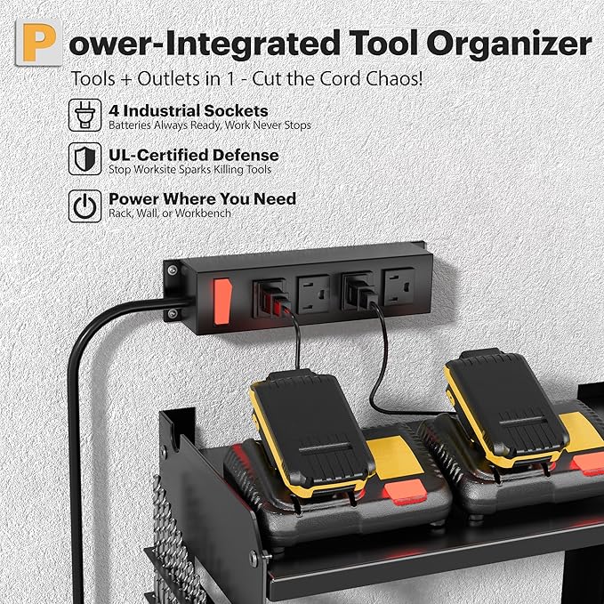 Power Tool Organizer Wall Mount with Charging Station, 3 Layer Heavy Duty Metal Tool Storage Rack Loads 420lbs with 6 Cordless Drill Holder, Idea Gifts for Men, Garage Workshop