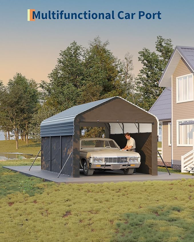 Garvee 10'X15'X9' Metal Carport, Enclosed Car Ports with Heavy Duty Steel Frame and 220 g Tarp, All-Weather Carport, for Sedans, Boats, and Tractors
