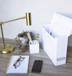 Bigso Lovisa Fiberboard Label Frame 12 File Storage Box - Document Organizer for Important Paperwork - Durable Hanging File Box w/Flip Top Lid & Metal Label Window - 3.7in x 13in x 9.4in - Dark Grey