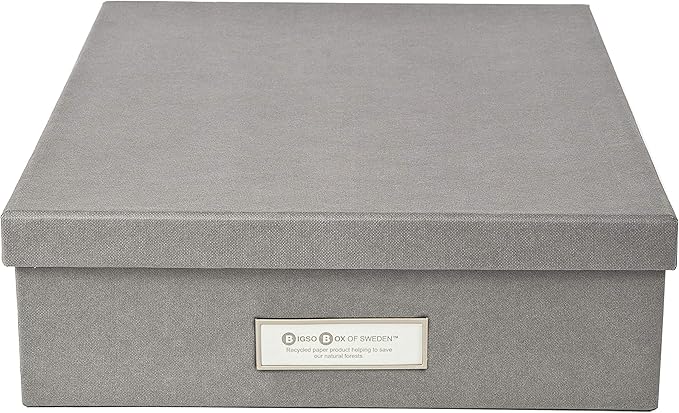 Bigso Oskar Fiberboard Label Frame Document Letter Box - File Organizer Box for Important Paperwork - Document Storage with a Lid & Metal Label Window - 3.3 in x 10.2 in x 13.8 in - Grey