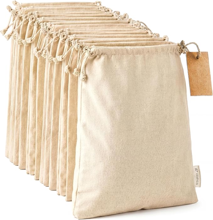 LEAFICO Organic Cotton Produce Bags - Medium 8x10 Inch (12 Bags) - Reusable Muslin Storage Bags with Drawstrings - Biodegradable Canvas Fabric - Perfect for Snacks, Clothes
