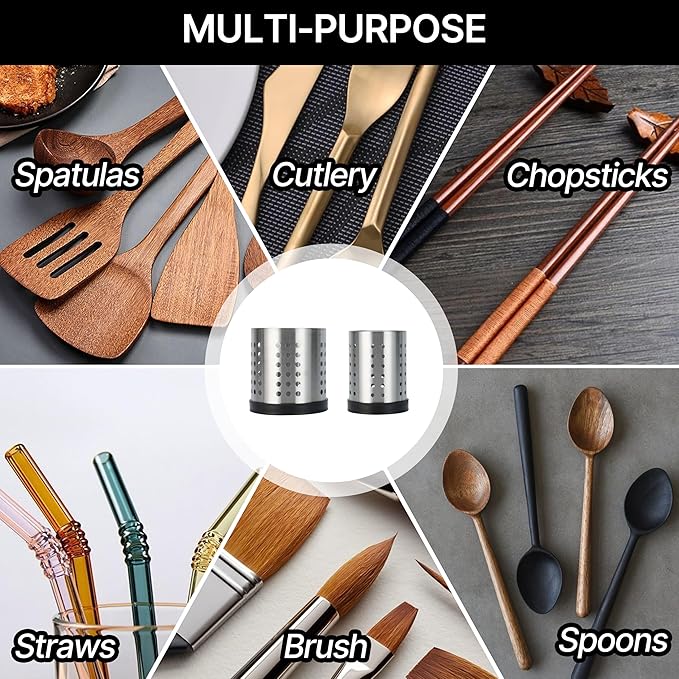2Pcs Kitchen Utensils Holder with Base, Stainless Steel Spoon Holder, Silverware Countertop Organizer, Round Shape Essential Flatware Drying Rack, Silver (Small + Large)