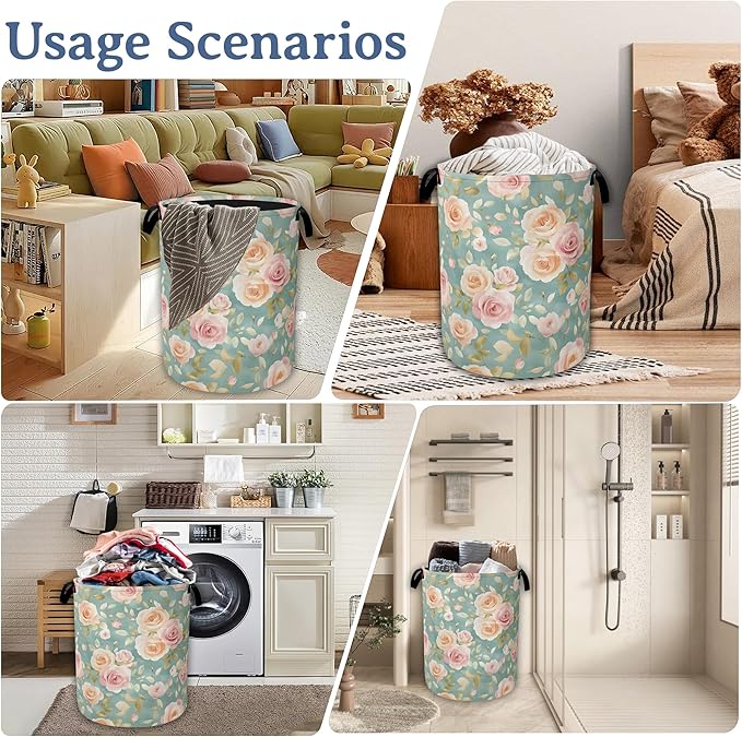 Vintage Pink Rose Laundry Basket,Foldable Waterproof Oxford Cloth Tote Bag Laundry Hamper with Handles,20.8"x16" Clothes Storage Bucket Organizer for Laundry Room, Bathroom, Bedroom