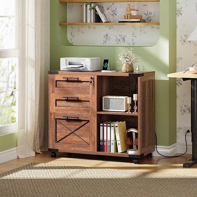 DEVAISE Wood File Cabinet with Charging Station, Mobile Lateral Filing Cabinet with Lock for Home Office, Printer Stand with Open Storage Shelves, Oak