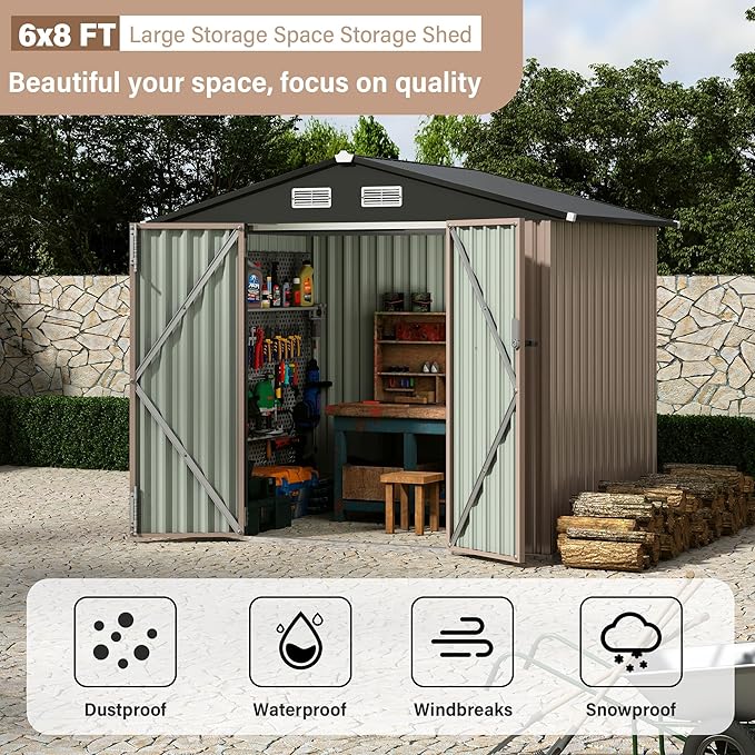 8x6 FT All-Steel Outdoor Storage Shed, Multi-Purpose Garden Tool Shed with Lockable Doors & Air Vents, Heavy Duty Utility Building for Backyard, Workshop, Lawn - Value Pack, Weather Resistant