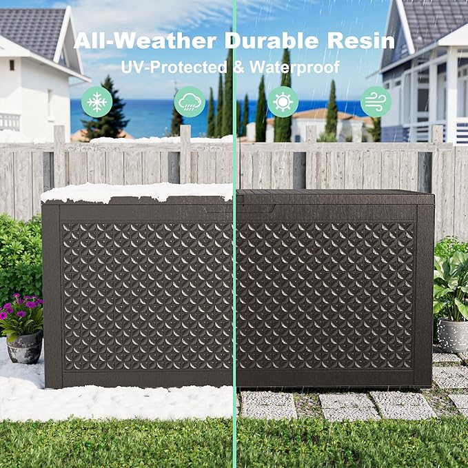 110 Gallon Outdoor Waterproof Resin Storage Deck Box Lockable Outside Bench UV Resistant Bin Patio Porch Furniture Pool Float Garden Tool Cushion Black