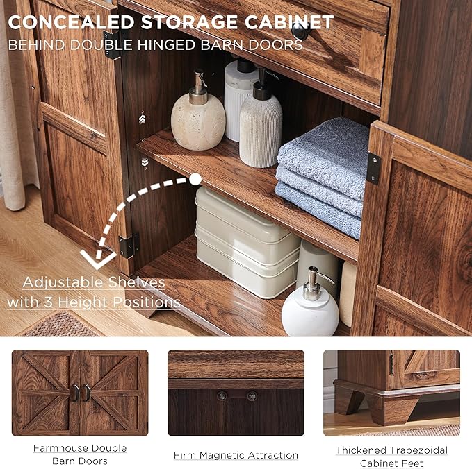 ACCOHOHO 72" Tall Bathroom Storage Cabinet, Farmhouse Storage Cabinet with Adjustable Shelves, Barn Door & 2 Drawers, Cabinet for Bathroom, Living Room & Kitchen, Brown