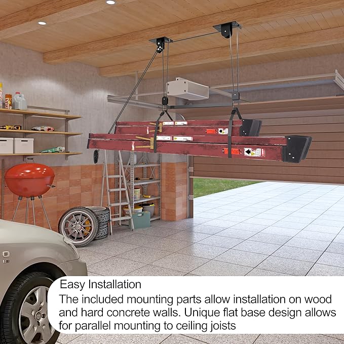 Ladder Storage, Larger Pulley Ladder Hoist, Self Locking Function Ladder Hanger, Garage Ceiling Mount Lift System for Kayak, Cargo Box, Canoe, Bike,Fit 10-14 Foot Ceilings, Hold 150 lbs