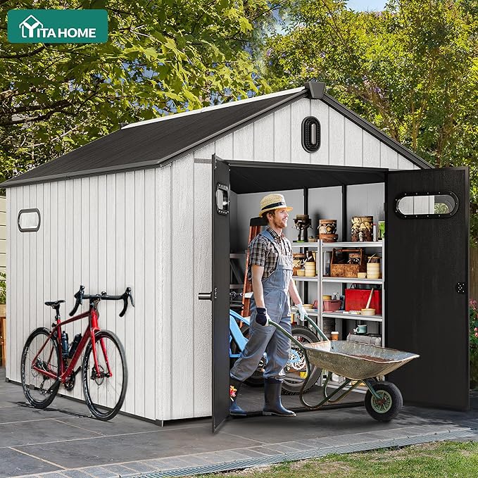 YITAHOME 8x10ft Resin Storage Shed, Extra Thick Outdoor Plastic Garden Storage Unit with Oval Vision Windows & Lockable Doors, 16mm Heavy Duty Waterproof Tool Sheds with Floor for Lawn Equipment, Gray