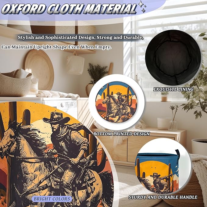 Western Cowboy Laundry Basket Oxford Cloth Desert Riding Laundry Hamper With Handle Foldable Portable Clothes Storage Basket Western Funny Laundry Bag 18.9"x16.5" For Laundry Room/Bedroom/Bathrooms