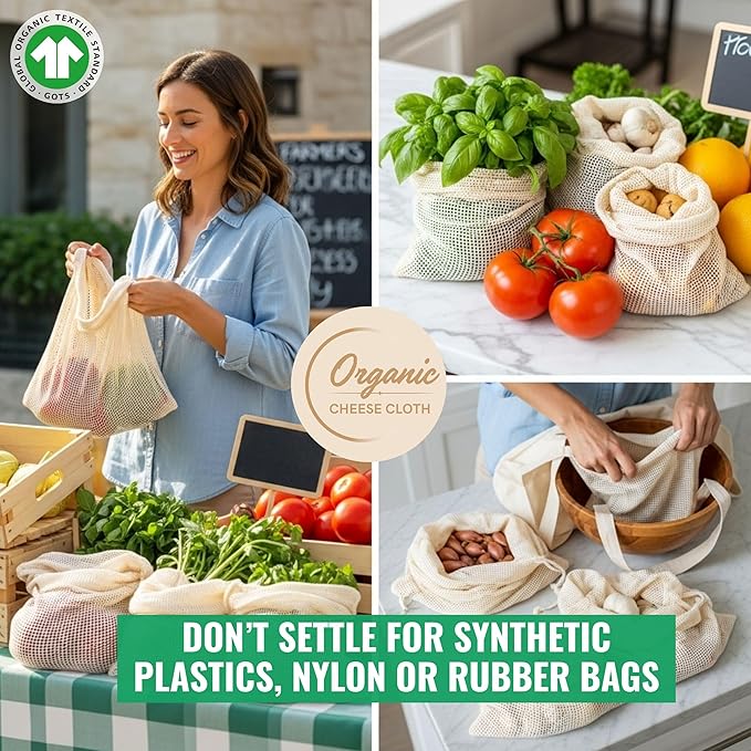 LITO LINEN AND TOWEL Produce Bags| Storage Bags with Drawstrings | Cotton Mesh for Vegetables, Fruit, Onion & Grocery Shopping| Reusable Washable Food Bag| Cloth Shoe | 6 Pack Mixed Size - Natural