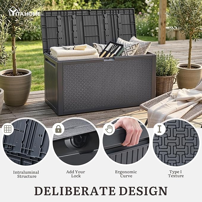 YITAHOME 90 Gallon Large Outdoor Deck Box, Lockable Waterproof Resin Storage Box with Handles, Weatherproof & UV Resistant, Patio Garden Tool Container for Outdoor Furniture, Dark Grey