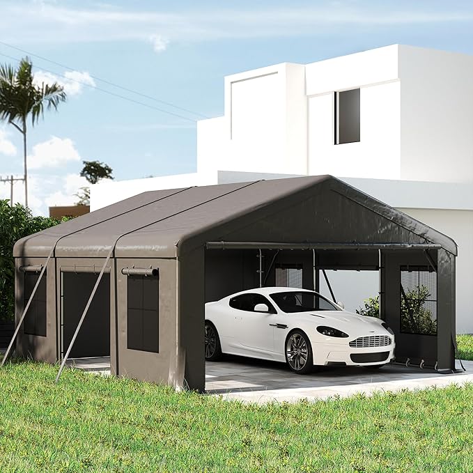 Outsunny 20' x 20' Heavy Duty Carport, Portable Garage Car Canopy Tent with Reinforced Galvanized Frame, 3 Roll-up Doors, 4 Mesh Windows for Cars, Trucks, Boats, Motorcycle, Bike, Dark Gray