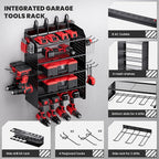 TRZZ Power Tool Organizer Wall Mount, 5-Layer Charging Station with 8 Outlets, 6 Drill Holders, 2 Side Pegboards, and Drill Bit Rack for Garage, Workbench, and Workshop (Black)