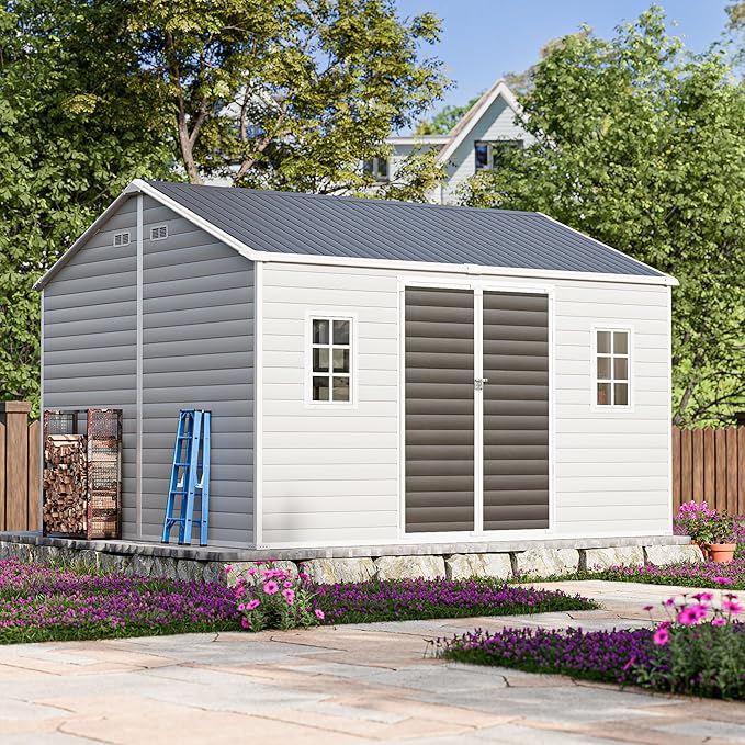 10x12 FT Large Resin Plastic Shed with Floor, Heavy-Duty 21-Gauge Reinforced Steel Frame, 16mm Ultra-Thick Panels, Estate-Size Storage Sheds with 2 Awning Windows for Tractors & Patio Furniture