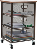 Mind Reader 3-Drawer Storage Organizer, Office Organizer with Wood Top, Multipurpose Portable Cabinet with Removable Wheels, Metal Mesh, Black