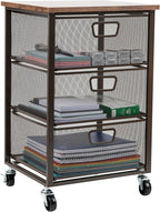Mind Reader 3-Drawer Storage Organizer, Office Organizer with Wood Top, Multipurpose Portable Cabinet with Removable Wheels, Metal Mesh, Black