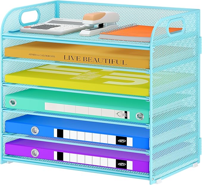 6 Tier Paper Organizer, Letter Tray with Handle, Mesh Desk Organizer, Metal File Organizer, Office Desk Accessories for Home, Office, Classroom, School -Blue