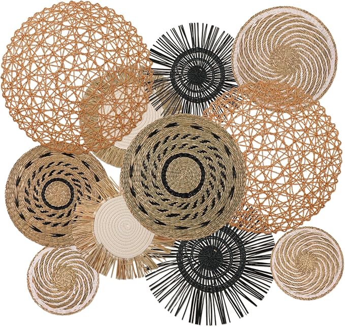 Tatuo 11 Pcs Boho Wall Basket Decor Decorative Bulrush Woven Basket Wall Decor Art Round Farmhouse Hanging Baskets for Kitchen Rustic Home Summer Decorations, Multi Sizes(Flower)