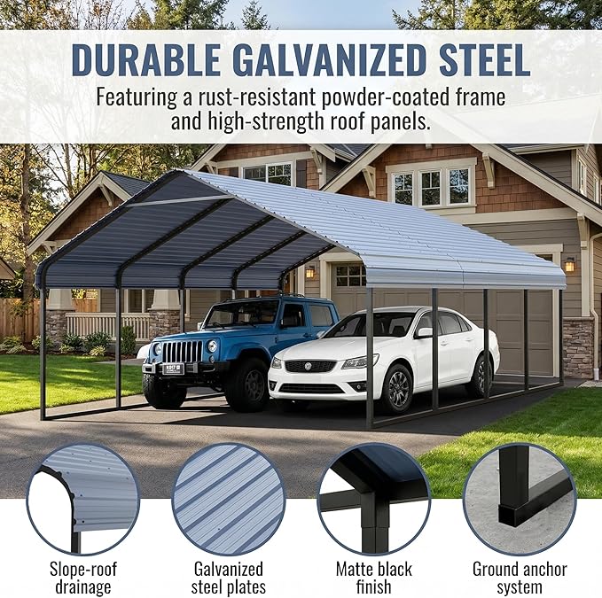 12x20 ft Metal Carport & Portable Garage, Heavy Duty with Galvanized Steel Roof & Frame - Large Tall Carports Canopy for Snow, Grey for Outdoor Garages
