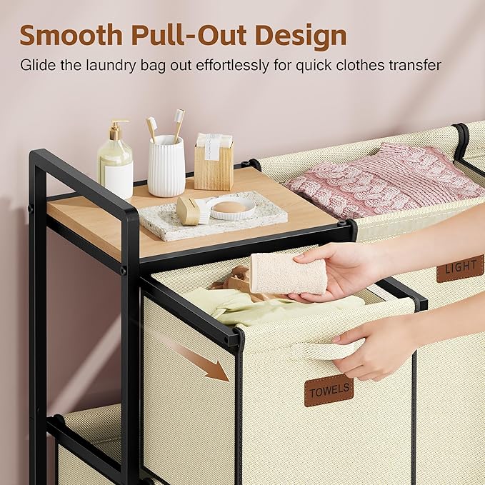 Hoctieon 4 Section Laundry Cart, 48 Gal. (182L) Laundry Hamper with Lid, Laundry Basket with Wheels, Rolling Laundry Sorter Organizer with Shelf, Clothes Separator with Removable Bags, Beige