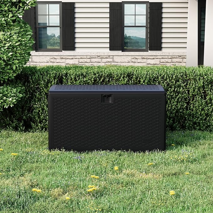 Garvee 120 Gallon Waterproof Large Resin Deck Box Indoor Outdoor, Lockable Storage Container for Patio Furniture Tools, Waterproof Deck Box with Hydraulic Rod Patio Storage Bin for Pool Garden, Black
